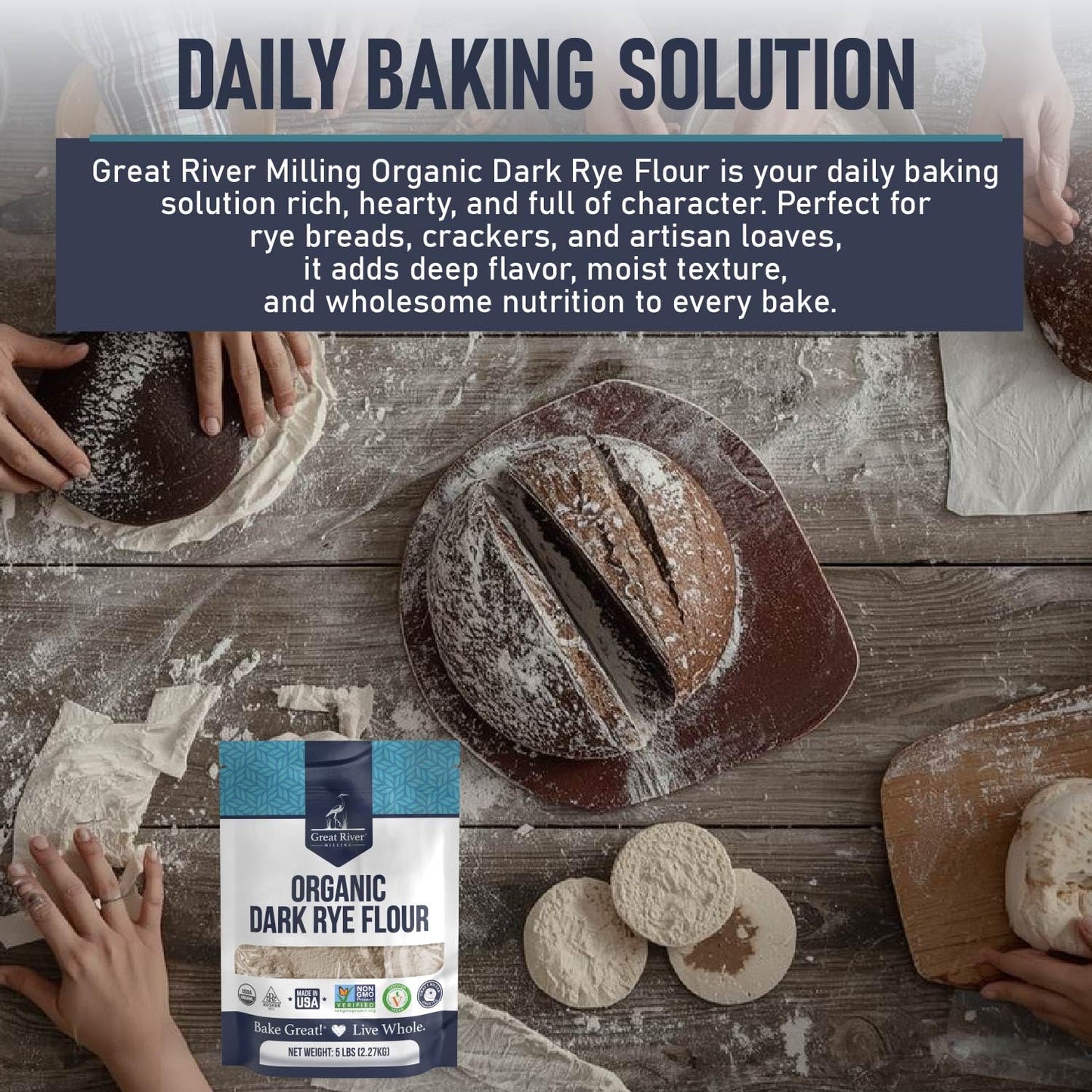 Great River Milling Organic Dark Rye Flour, Whole Grain, 5 lb | Organic Dark Rye Flour for rye bread, pumpernickel, sourdough starters, bagels, crackers and multigrain loaves; deep rye