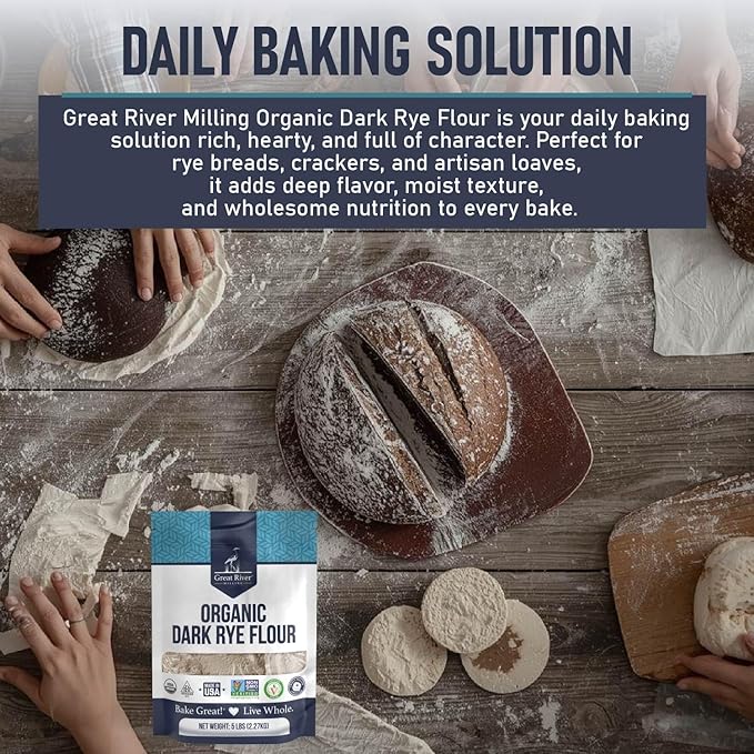 Great River Milling Organic Dark Rye Flour | Whole Grain, Non-GMO, Kosher, Unbromated | Earthy Flavor for Rye Bread, Sourdough Starter, Bagels, Crackers & Artisan Baking | 5 Lb
