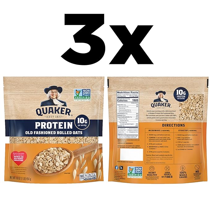 Quaker Protein Old Fashioned Rolled Oats, 10g Protein per Serving, Whole Grains, No Preservatives, No Artificial Flavors, 16 oz Bag (Pack of 3)