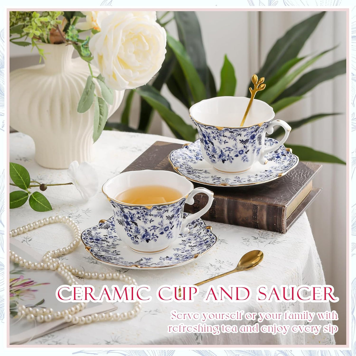 TATSUMI Country Roses Bone China Tea Cup and Saucer Set, 3 Pieces, Vintage Style, For Women and Tea Parties(QH,1 Set)