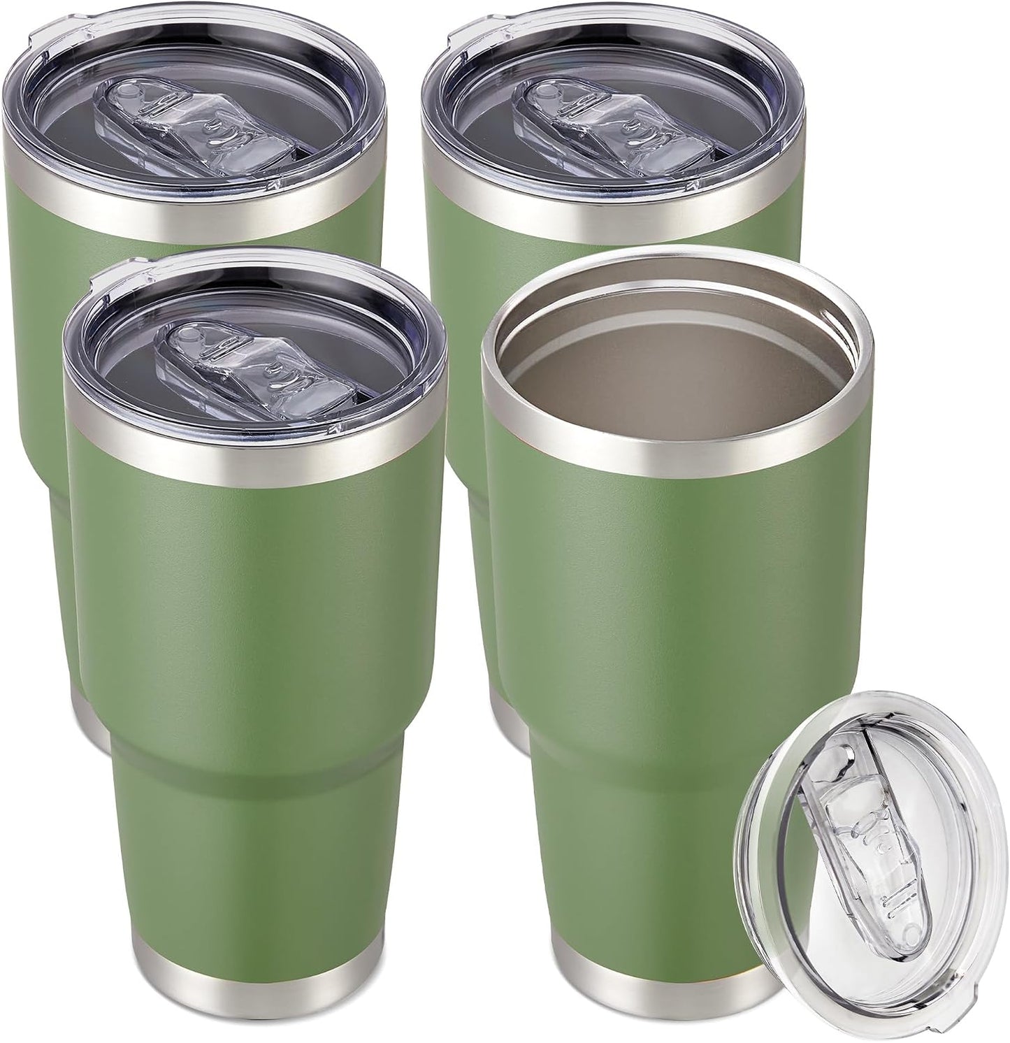 30 oz Tumbler with Lid Stainless Steel Tumblers Bulk, 4 Pack | Vacuum Insulated Cup, Leak Proof Lid, Powder Coated Travel Mug, Double Wall, Keep Cold Drinks for 12 Hours, Army Green