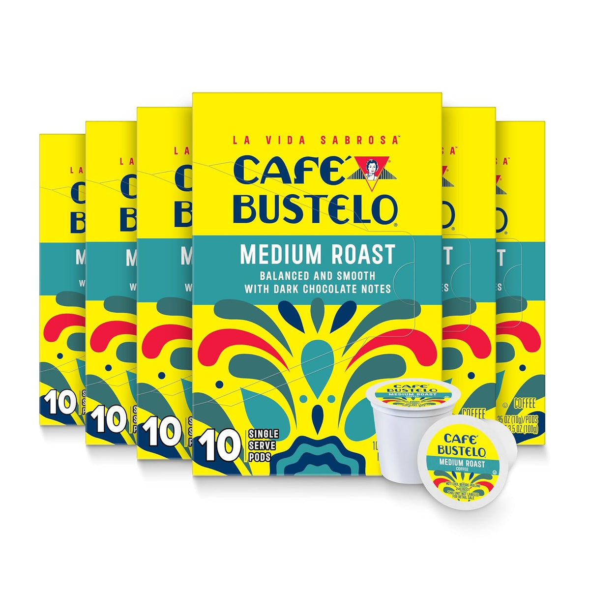 Café Bustelo Medium Roast Coffee Pods, Bulk 60 Count | Dark chocolate &amp; subtle blackberry notes, stands up to milk and sugar, single serve coffee pods, 6 boxes, 10 pods each