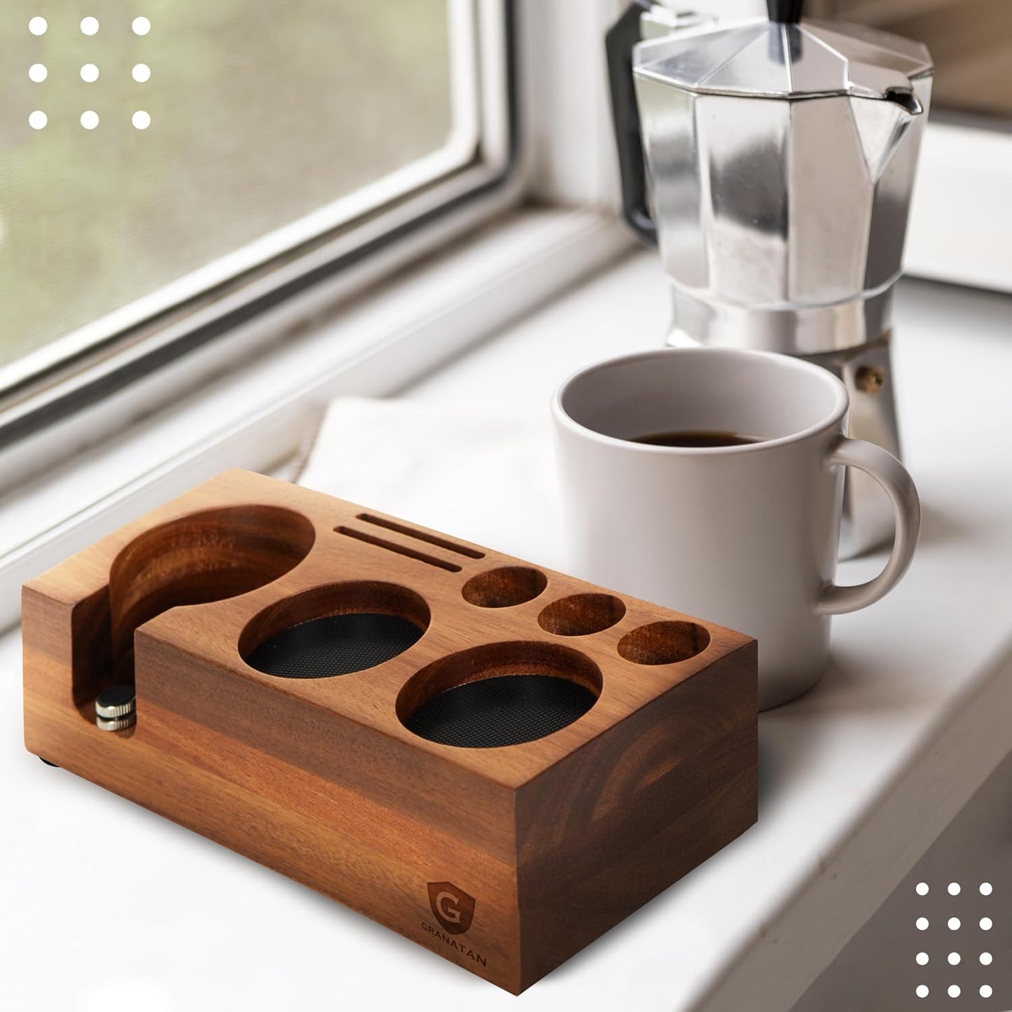 Espresso Tamping Station for 54 mm and 58 mm Portafilters | Acacia Wood Coffee Tool Organizer with Adjustable Support and Rubber Feet