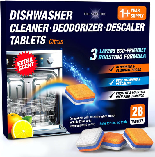 Dishwasher Cleaner Deodorizer Descaler Tablets - 28 Tabs - 1 Plus Year Supply - Extra Scented Deep Cleaning Sanitizer Pods -