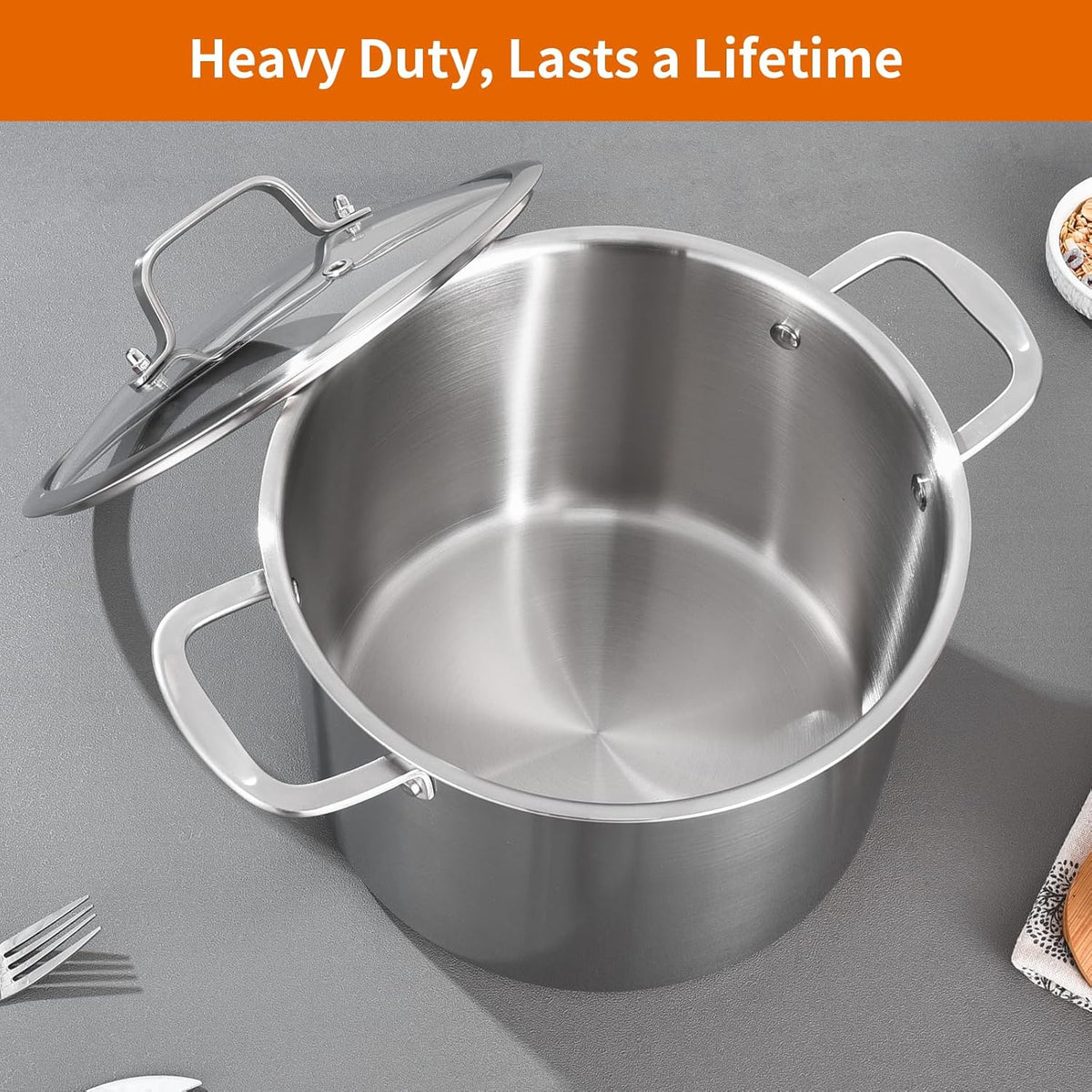 DELARLO Tri-Ply Stainless Steel 8 Quart Stock Pot, All Stove Compatible Up to 600℉ Soup Pot with Lid, 18/10 Induction Big Stockpot with Lids, Large Stainless Steel Induction for Cooking