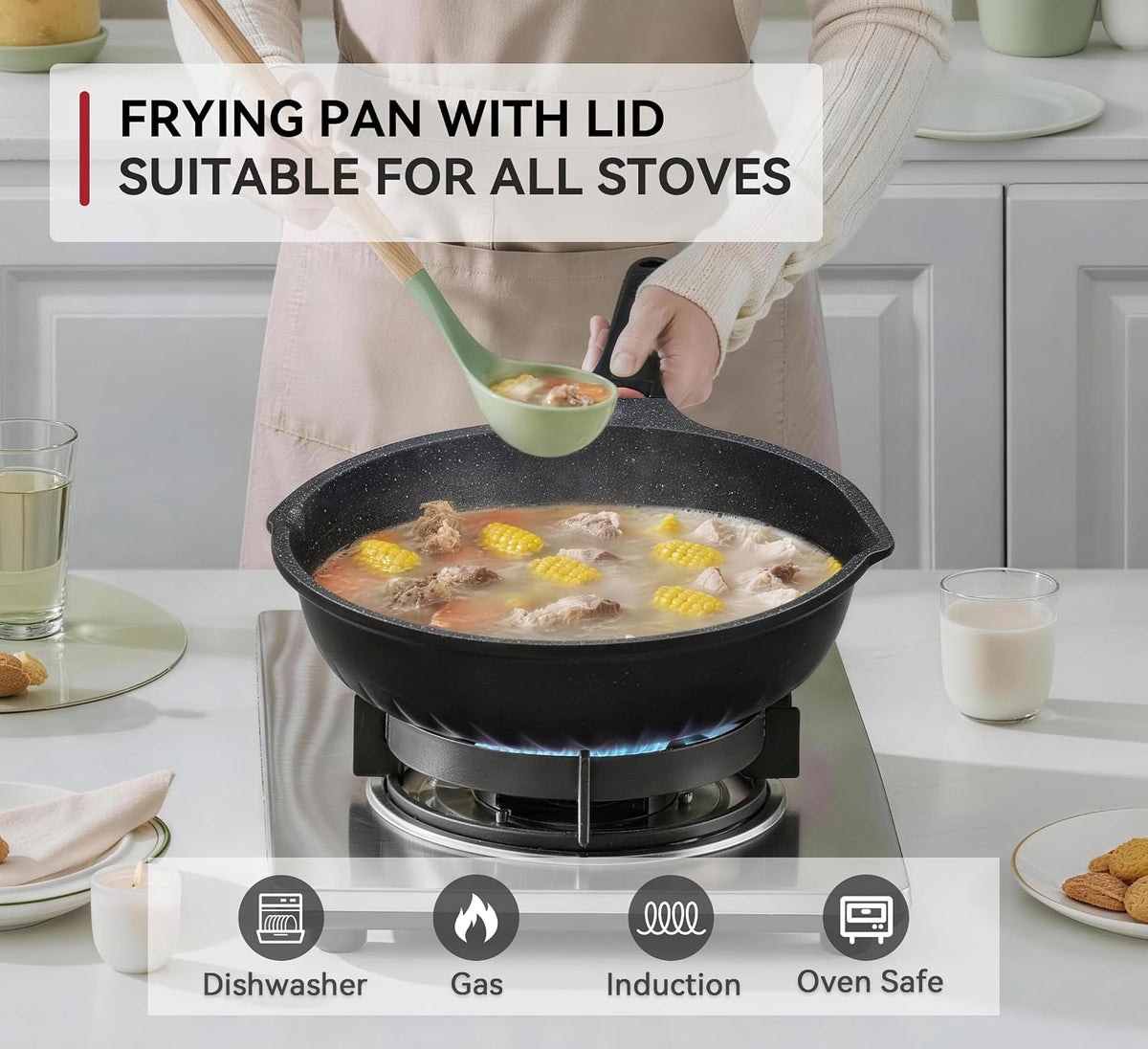 Vinchef New Handle Update 11In/5Qt Aluminum Nonstick Deep Frying Pan with Lid and Heat Indicator, Anti Scratch and Anti Stain Deep Saute Pan, Induction Compatible