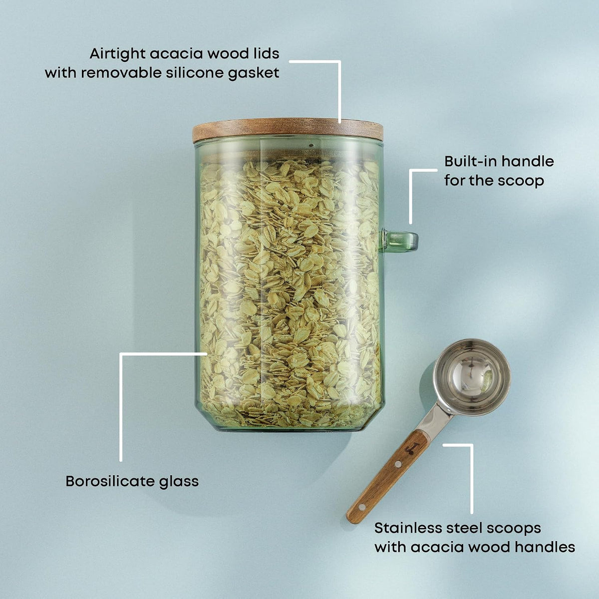 JoyJolt Holden 32oz Stackable Glass Storage Containers with Lids and Scoops, Airtight Food Canister Set of 3 w/Acacia Wood Lids, Round Stacking Pantry and Kitchen Containers w/Scoop | Clear