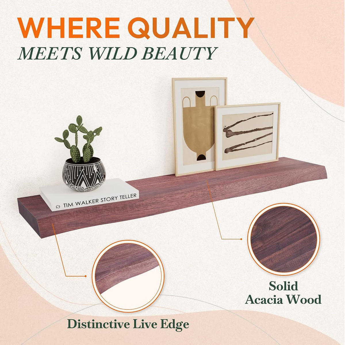 Howizz 36'' Live Edge Floating Shelves for Wall, Acacia Wood Wall Mounted Shelves with Invisible Brackets, Rustic Wooden Shelf Set of 2 for Living Room, Bedroom, Bathroom, Kitchen Decor, Cherry