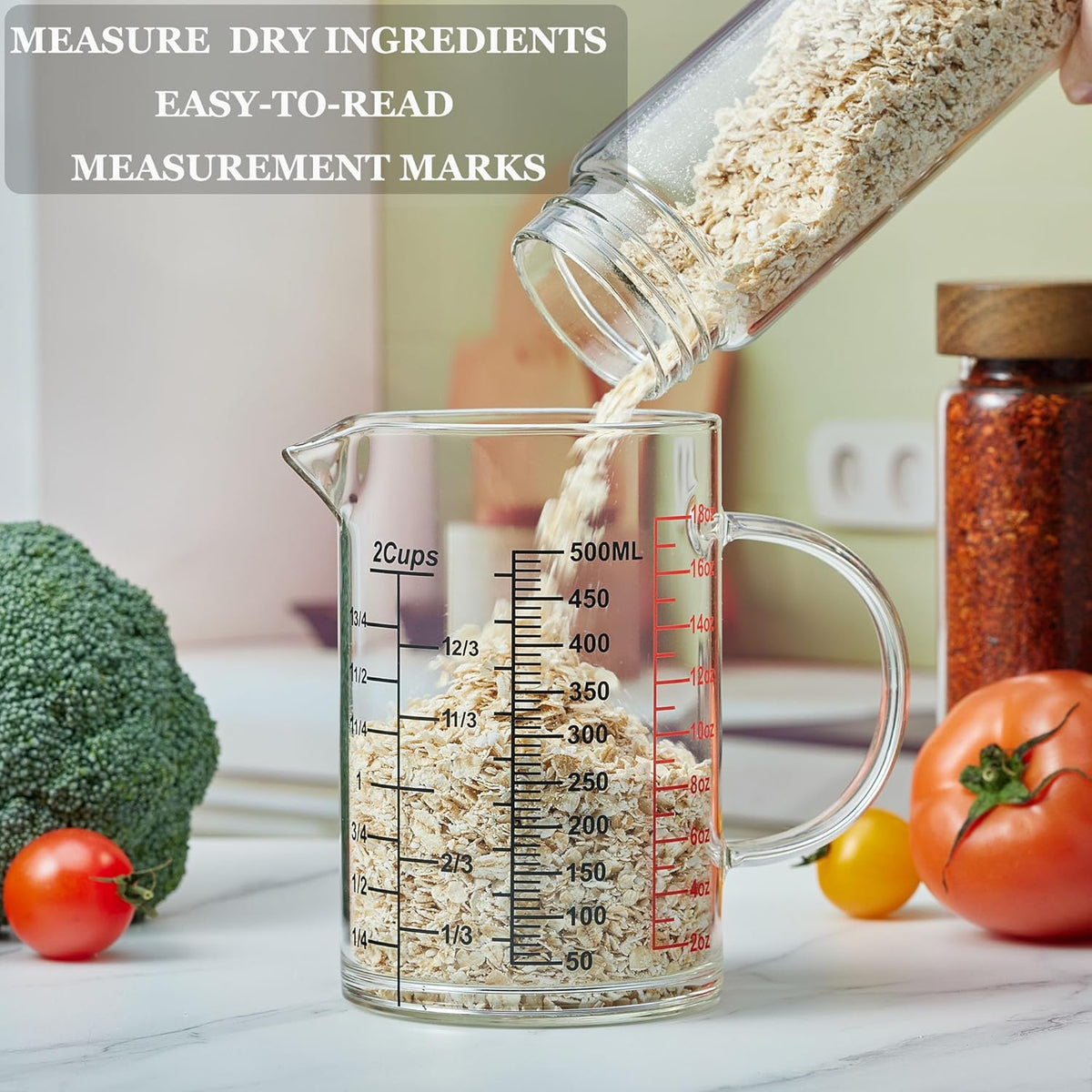 Ackers BORO3.3 Glass Measuring Cup-[Insulated handle | V-Shaped Spout]-Made of High Borosilicate Glass Measuring Cup for Kitchen or Restaurant, Easy to Read, 500 ML (16 Oz, 2 Cup)