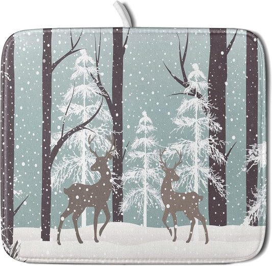 Winter Wildlife Deer Dish Drying Mat for Kitchen Counter,Xmas Landscape Snow Tree Ivory Drying Mat 16 x 18 Inch with High