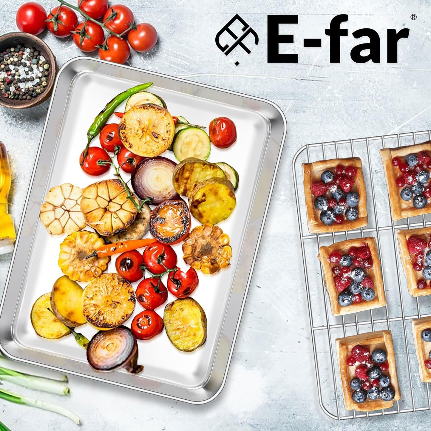E-far Baking Sheet with Wire Rack (2 Pans + 2 Racks), Stainless Steel Cookie Sheets Pan &amp; Cooling Rack for Baking Cookies Cake, Non Toxic &amp; Heavy Duty, Oven &amp; Dishwasher Safe, 12.4 x 9.7 x 1 Inch