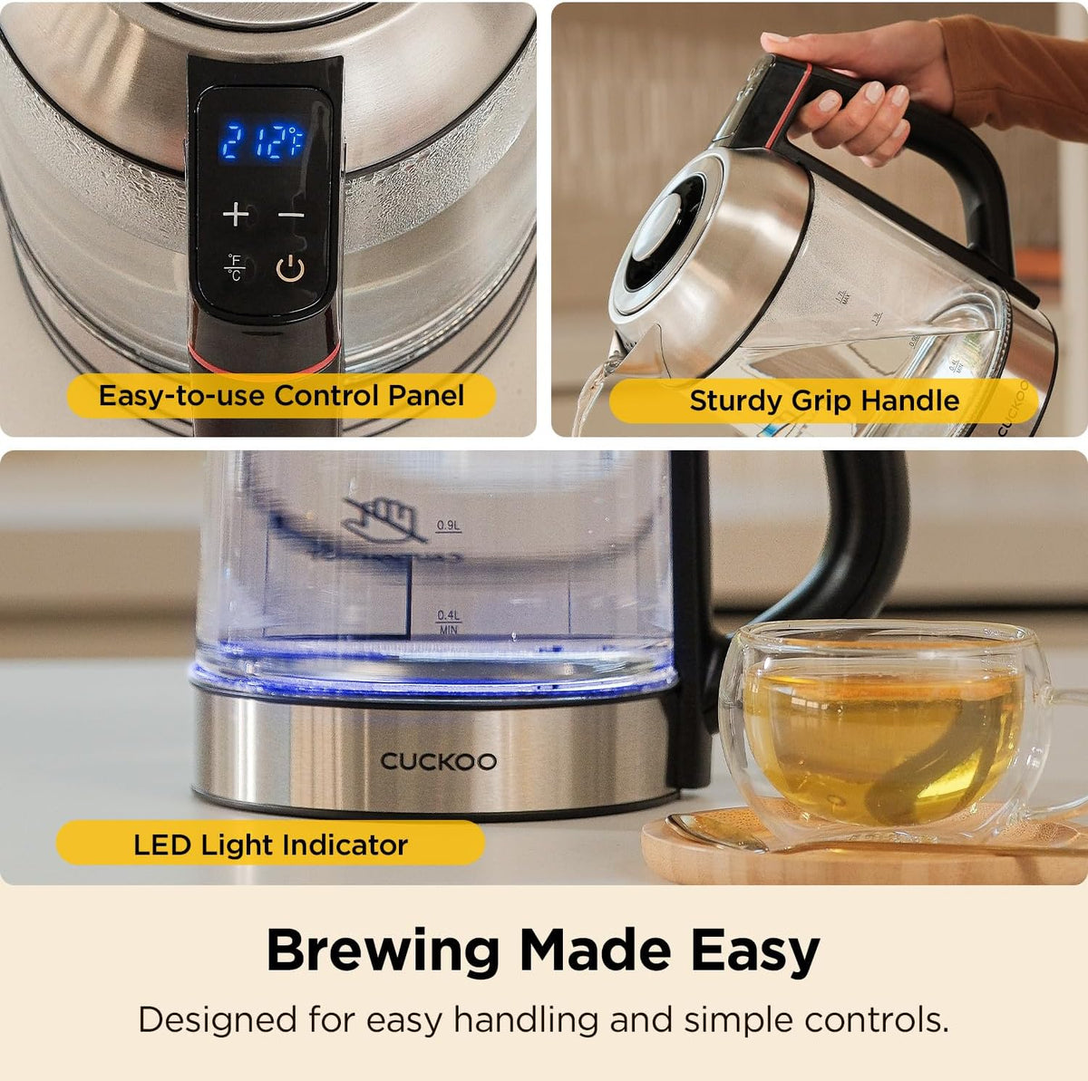 CUCKOO 1.7L Glass Electric Kettle with Tea Infuser, CK-G170BS | Multi-Temperature Control, Color LED Indicators, Easy-to-Read Lights