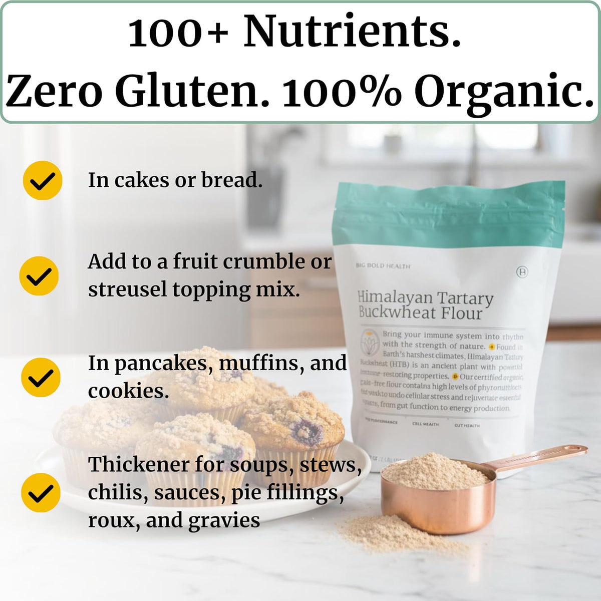 BIG BOLD HEALTH Organic Himalayan Tartary Buckwheat Flour - Gluten Free | Rich in Polyphenols &amp; Antioxidants | 100% USDA Organic Grain-Free Flour | Non-GMO | USA Grown (2lb)
