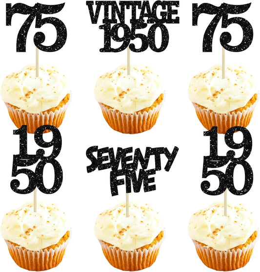 Gyufise 24Pcs Vintage 1950 Cupcake Toppers Glitter Cheers to 75 Fabulous Seventy Five Cupcake Picks 75th Birthday Wedding