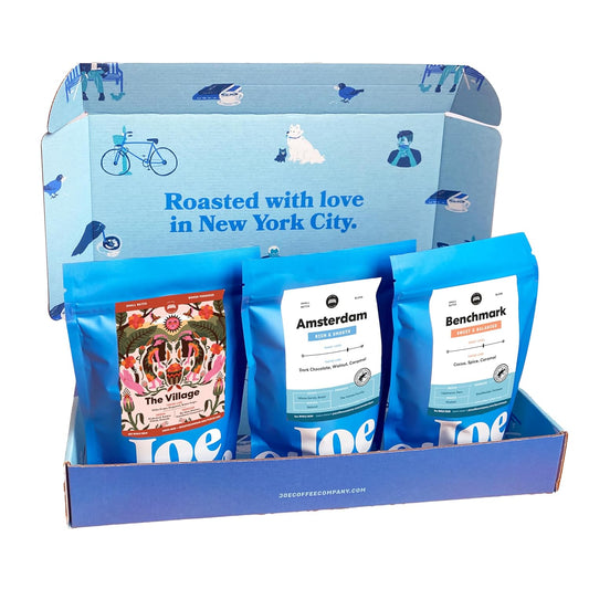 Joe Coffee Company - 6 oz Coffee Gift Box, Includes Village Light Roast, Amsterdam Medium Roast, Benchmark Med/Dark Roast