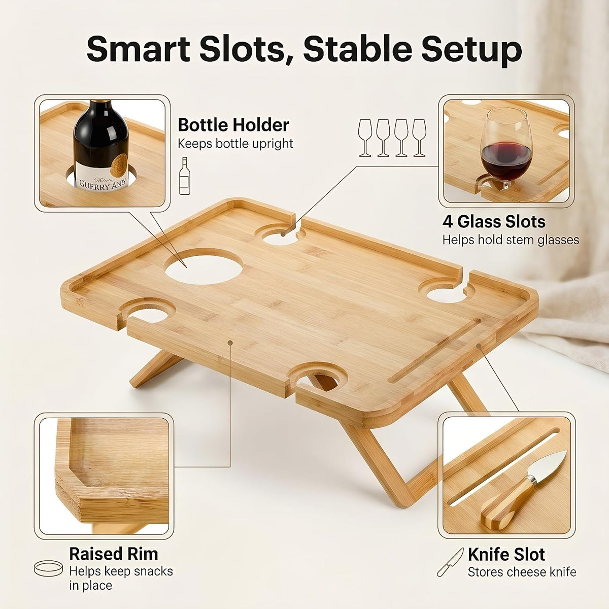 Kingrol Bamboo Picnic Wine Table, Foldable Outdoor Snack Table with Bottle Holder, 4 Glass Slots and Knife Slot, 16.1 x 12.5 x 6 in