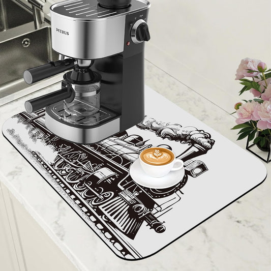 Retro Steam Train Dish Drying Mat for Kitchen Counter Bar Mat Hide Stain Absorbent Rubber Backed Coffee Mat Coffee Maker