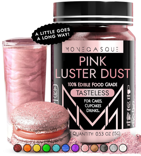 MONÉGASQUE Pink Edible Glitter for Drinks 15g – Pink Edible Glitter for Cakes – Luster Dust for Drinks, Food, & Cake