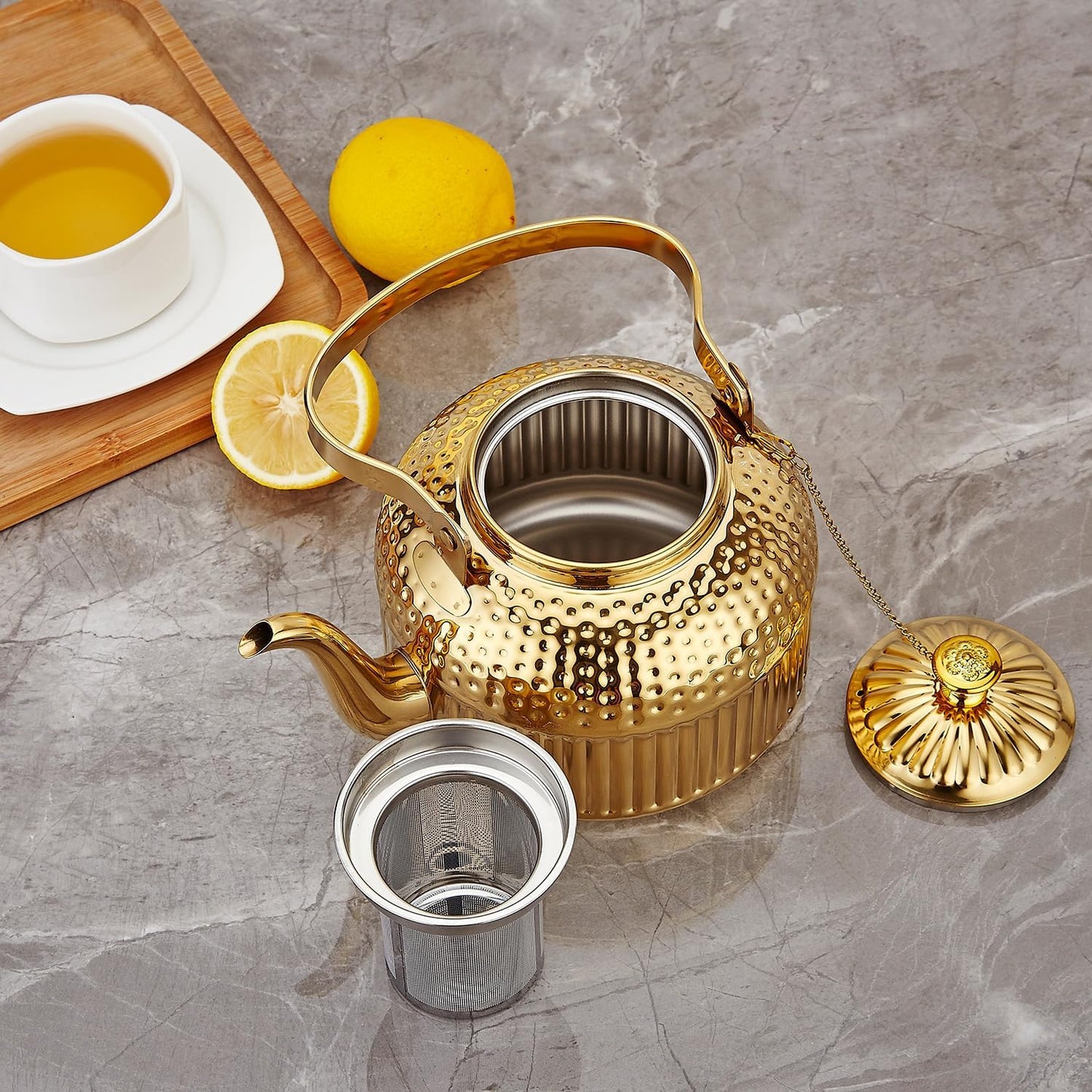 SANQIAHOME Antique 1.8L (60 Oz) Stainless Steel Teapot with Infuser Gold
