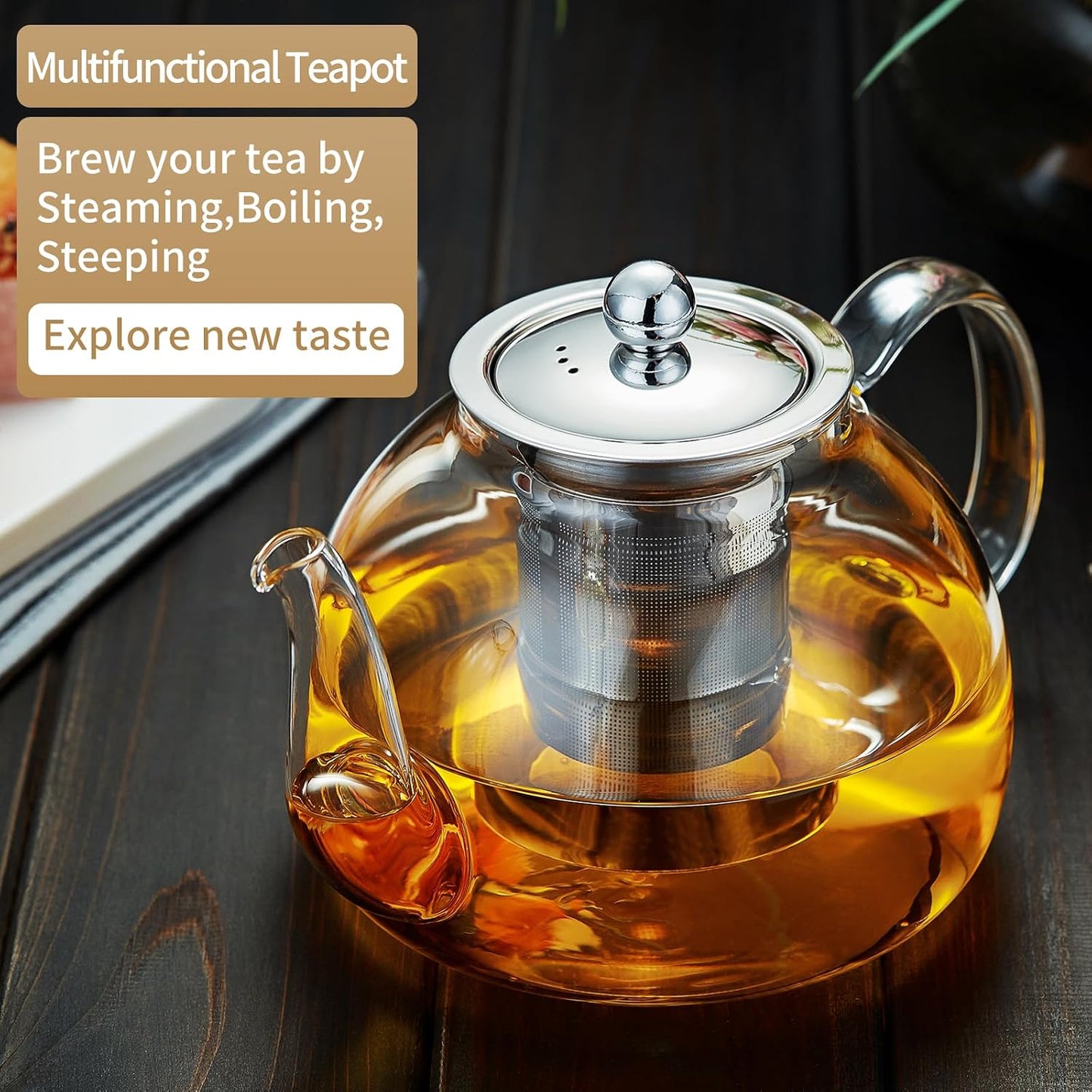 DOPUDO Glass Teapot with Infuser, 40 oz Borosilicate Tea Kettle | Clear borosilicate glass with removable 18/8 steel infuser for stovetop brewing of loose-leaf, herbal, and blooming tea.