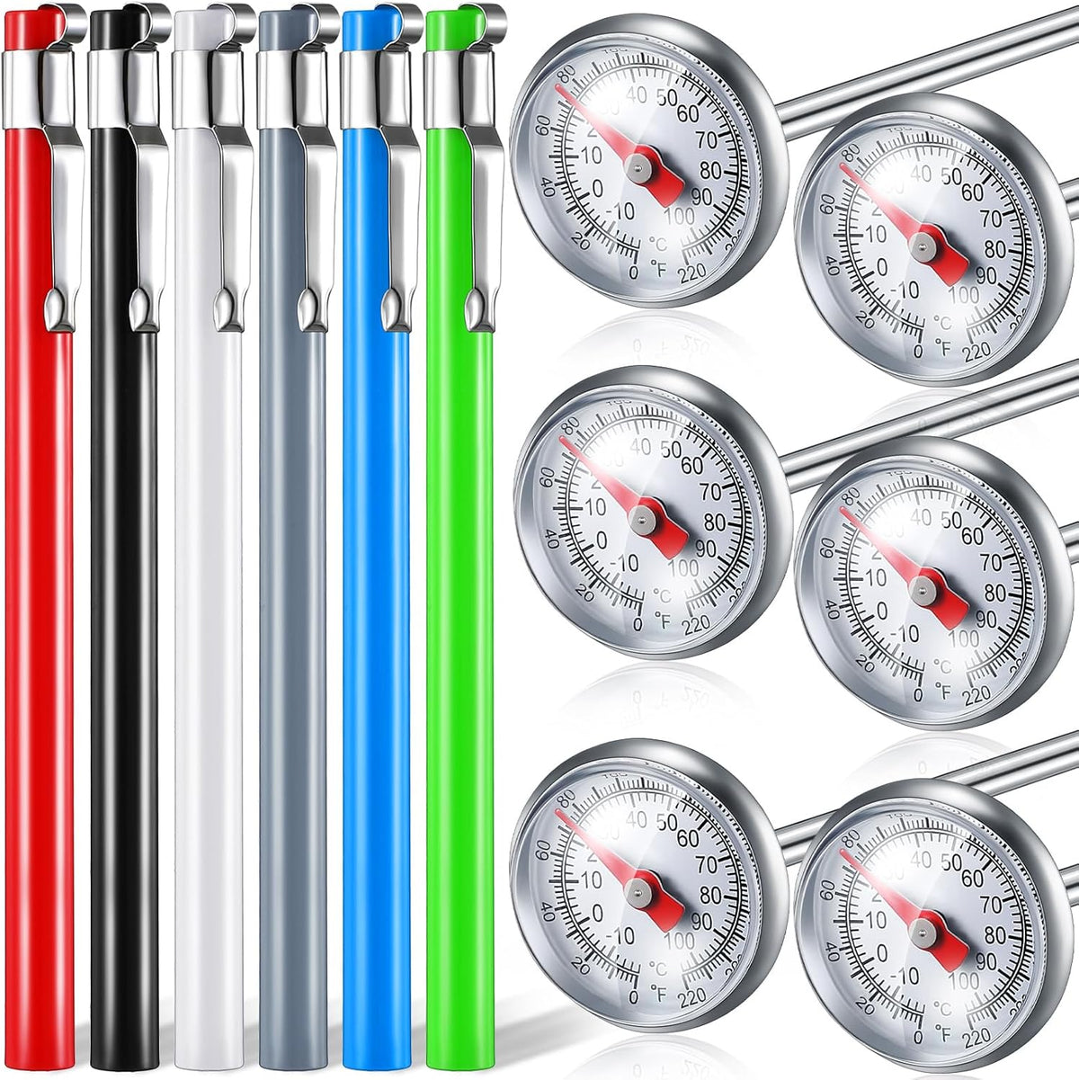 Xuhal 6 Pcs Stainless Steel Kitchen Thermometer with 5 Inch Long Stem 1 Inch Dial Thermometer Milk Frothing Food for Oven Probe Meat Grill BBQ Cooking Chocolate Water(Multicolor)