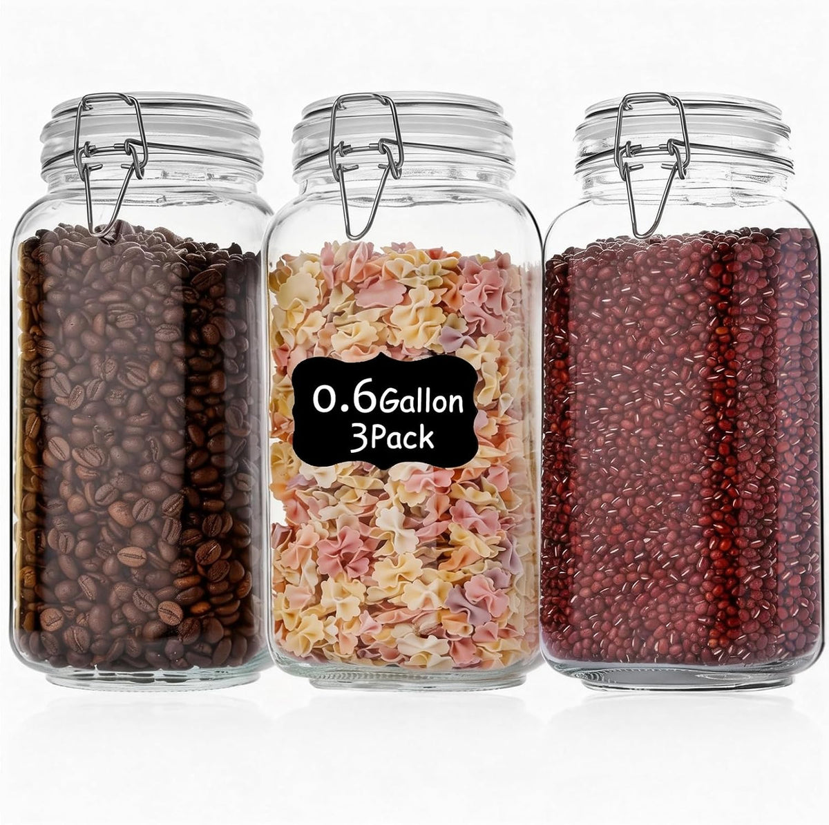 78oz Glass Food Storage Jars with Airtight Clamp Lids, 3 Pack Wide Mouth Large Kitchen Canisters for Flour, Cereal, Beans, Pasta and Canning, Square Mason Jar with Labels