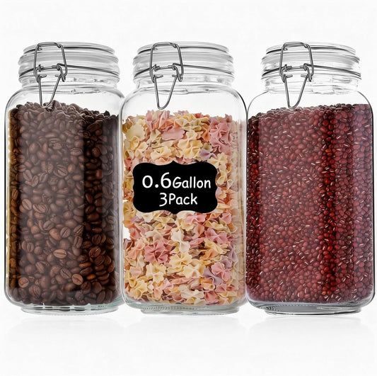 78oz Glass Food Storage Jars with Airtight Clamp Lids, 3 Pack Wide Mouth Large Kitchen Canisters for Flour, Cereal, Beans, Pasta and Canning, Square Mason Jar with Labels