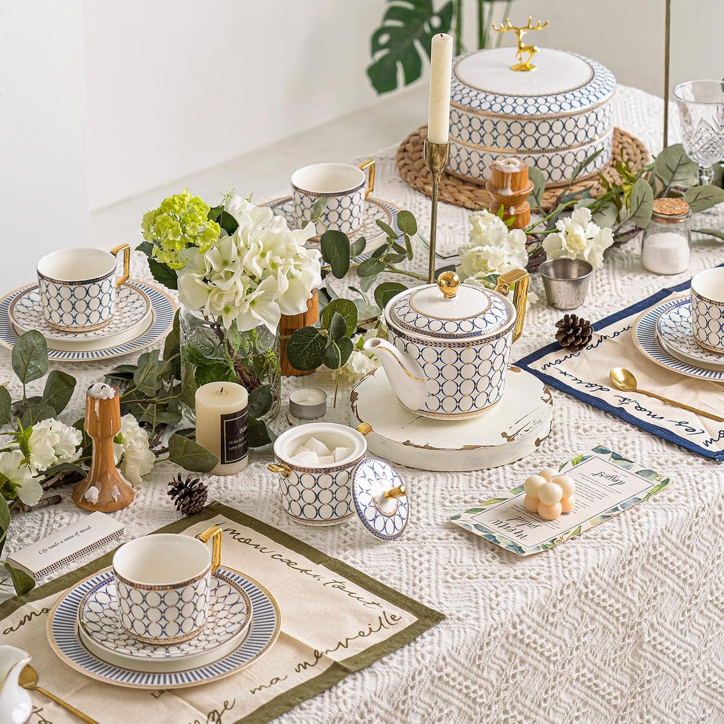 CwlwGO- Bone China Tea Cup Sets,15-Pieces Tea Cup and Saucer Set Service For 4 Whit 28 Ounces Teapot,Sugar Bowl,Creamer