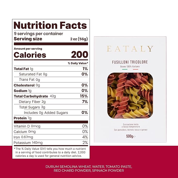 Eataly Italian Tricolore Fusilloni Pasta Noodles - 500g (17 oz.) Box -Authentic Durum Semolina Wheat - Made in Italy- Dried Pasta for Gourmet Dining, 1 Pack