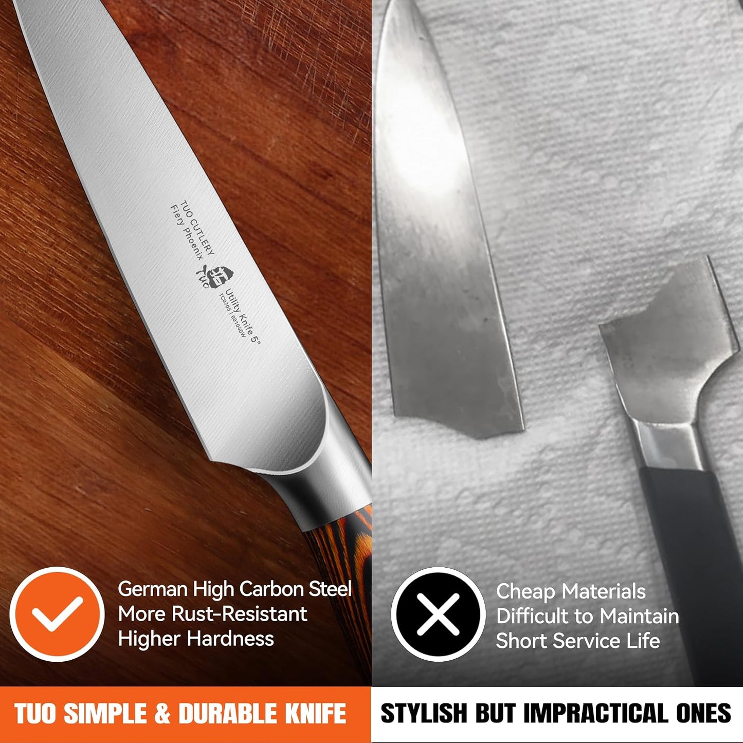 TUO Utility Knife, 5 inch Small Kitchen Knife for Paring &amp; Slicing, with Ergonomic Pakkawood Handle, High Carbon German Stainless Steel - Fiery Phoenix Series