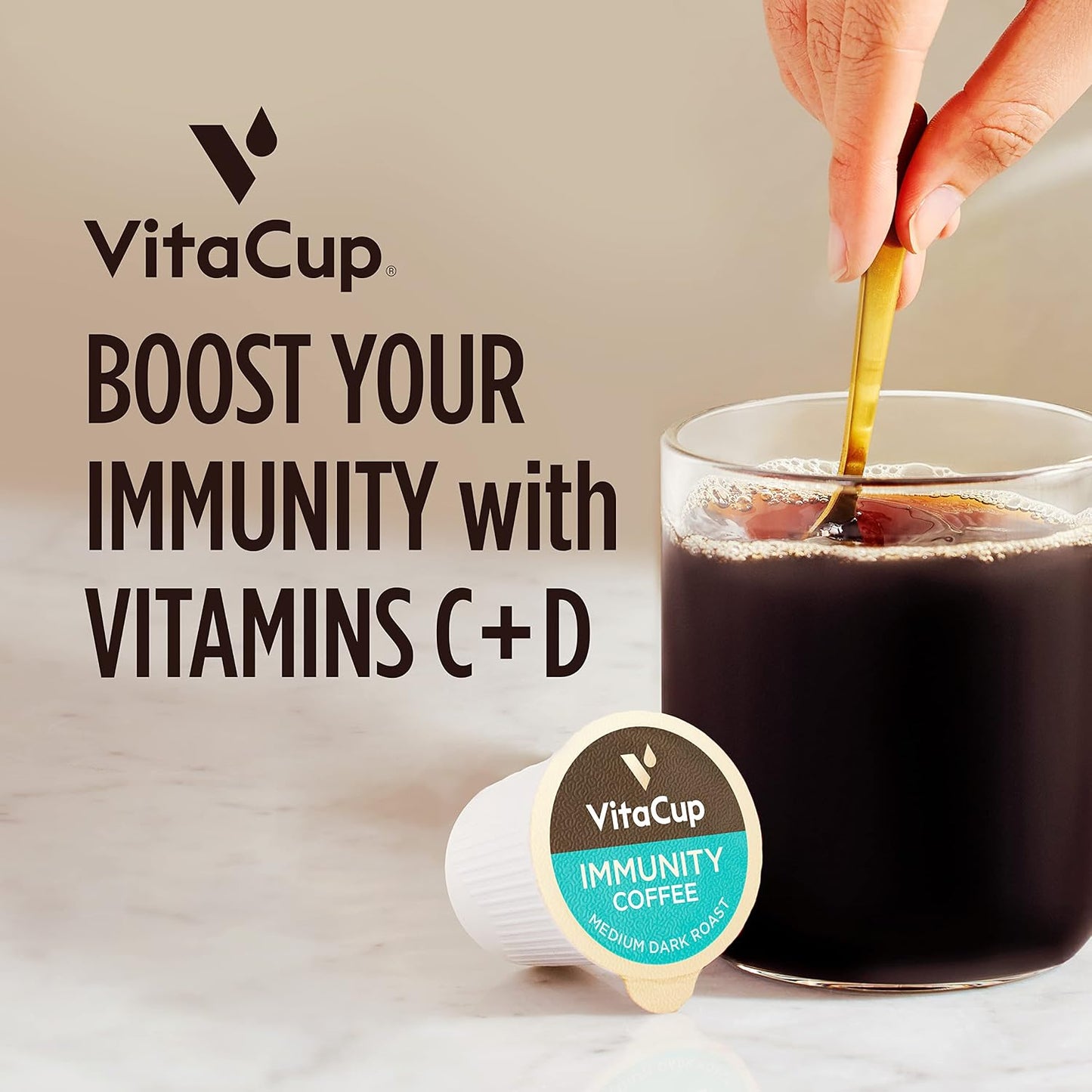 VitaCup Immunity Medium Roast Coffee Pods, 32ct | Medium Dark Roast, Dark Roast, D3