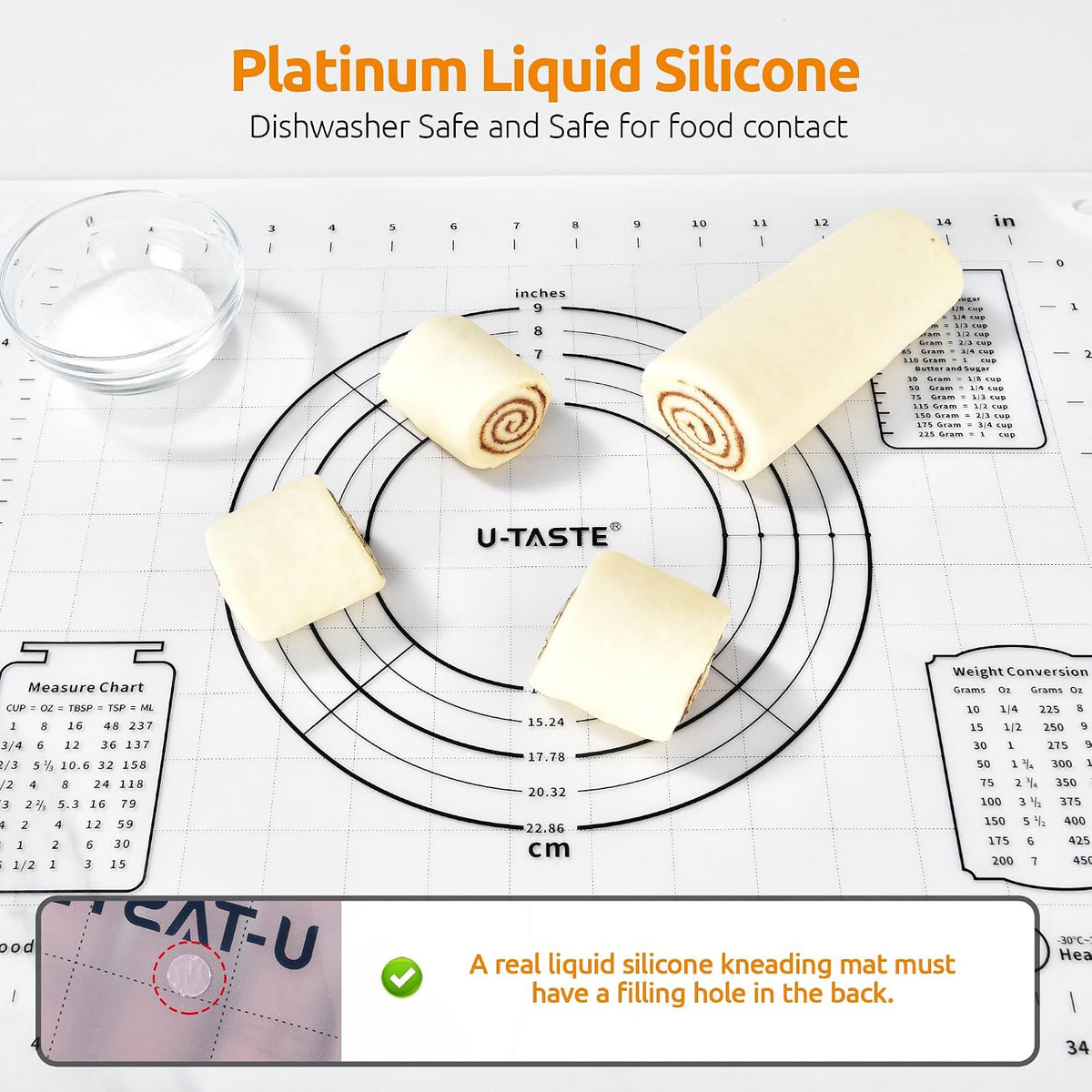 U-Taste Silicone Pastry Mat, Dough Rolling Baking Sheet, 16x20"/Transparent | Food-Grade Liquid Silicone, Non-Stick Non-Slip, Baking Supplies for Pizza Cookie Pie Crust, Clear Measurement &amp; Raised Edges