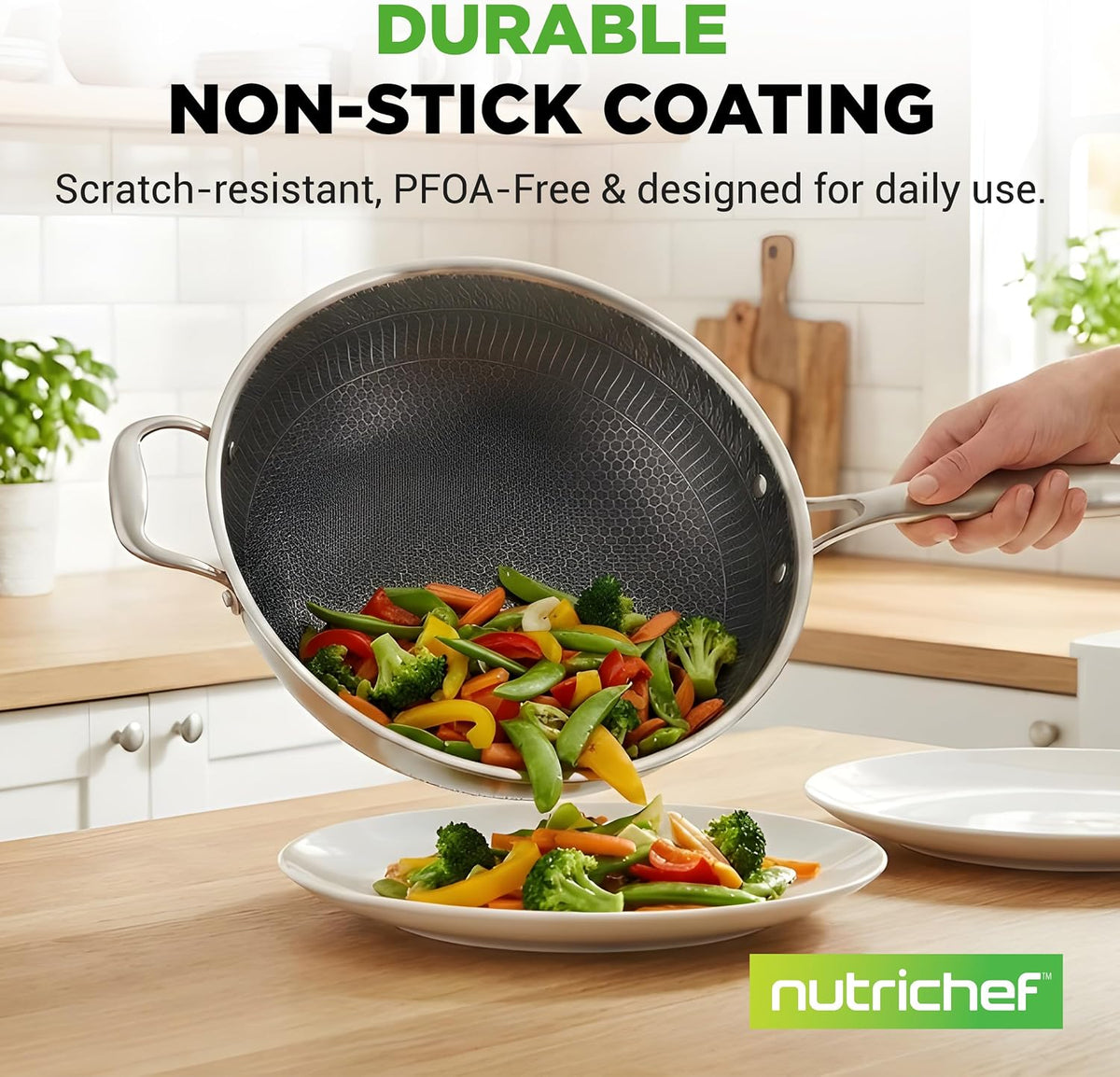 NutriChef 12" Stainless Steel Wok - Induction ready, Non Stick Tri-ply technology, Scratch-resistant Honeycomb Fire Textured Pattern