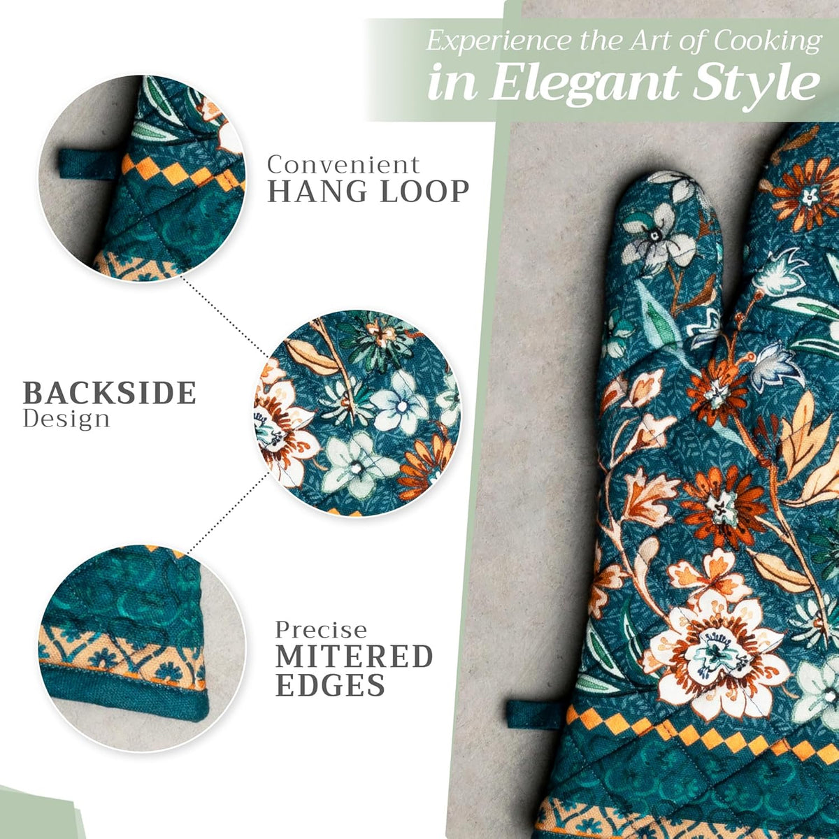 Maison d' Hermine Oven Gloves 100% Cotton Oven Mitt 7" x 13" with Loop Heat Resistant, BBQ, Cooking Gloves, Baking, Grilling, Kitchen, Handling Hot Pans (Pack of 1, Luxury Loft-Dark Teal)