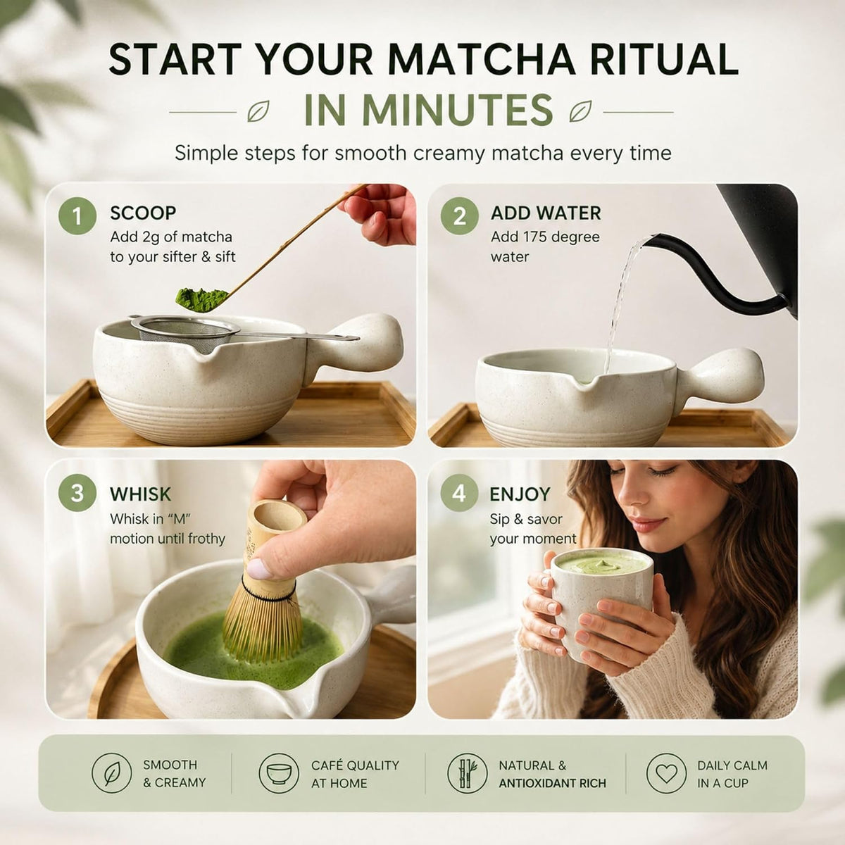 HAPPY PATH & CO Patented Matcha Bowl Set with Handle & Spout - Spill-Free Pouring