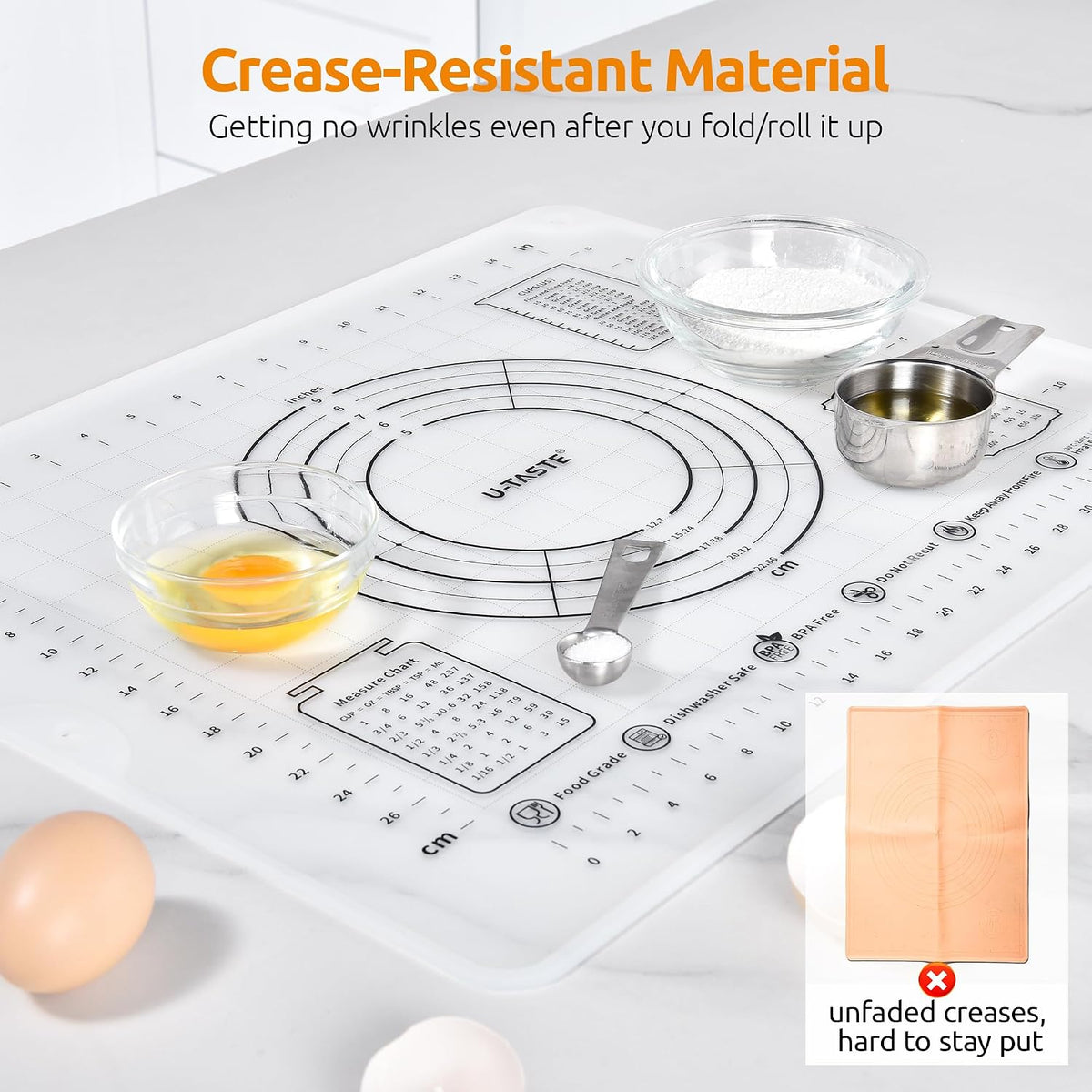 U-Taste Silicone Pastry Mat, Dough Rolling Baking Sheet, 16x20"/Transparent | Food-Grade Liquid Silicone, Non-Stick Non-Slip, Baking Supplies for Pizza Cookie Pie Crust, Clear Measurement &amp; Raised Edges