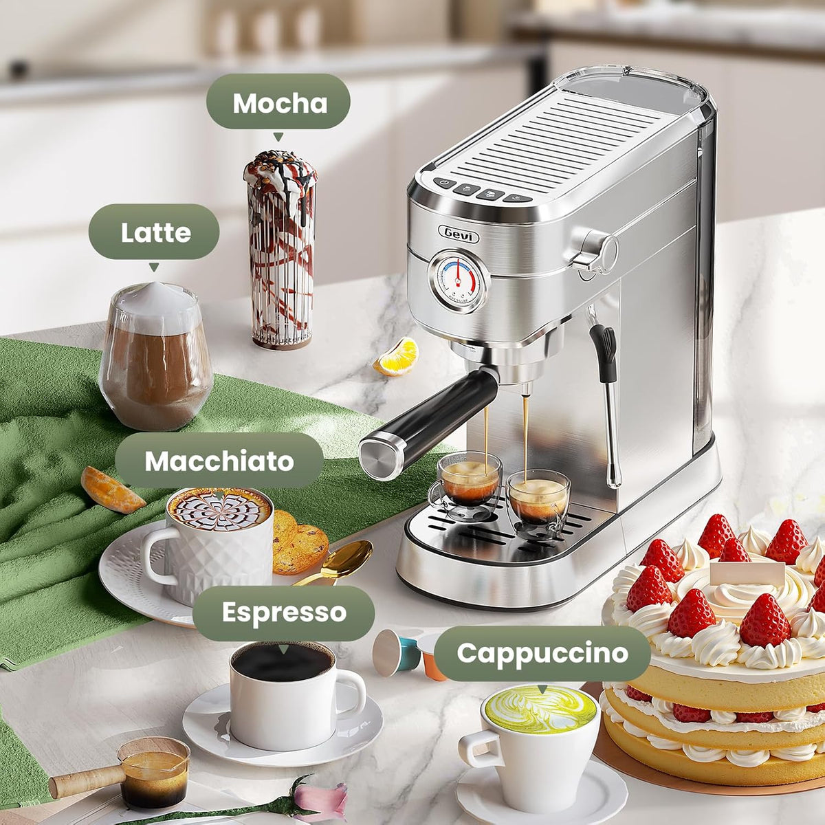 Gevi 20 Bar Compact Espresso Machine for Home,Latte、Cappuccino Coffee Maker | BPA-free;34oz Water Tank;Built-in Pressure Gauge;with Compatible Accessories;Can Make Americano;Easy to Clean;with Steam Wand