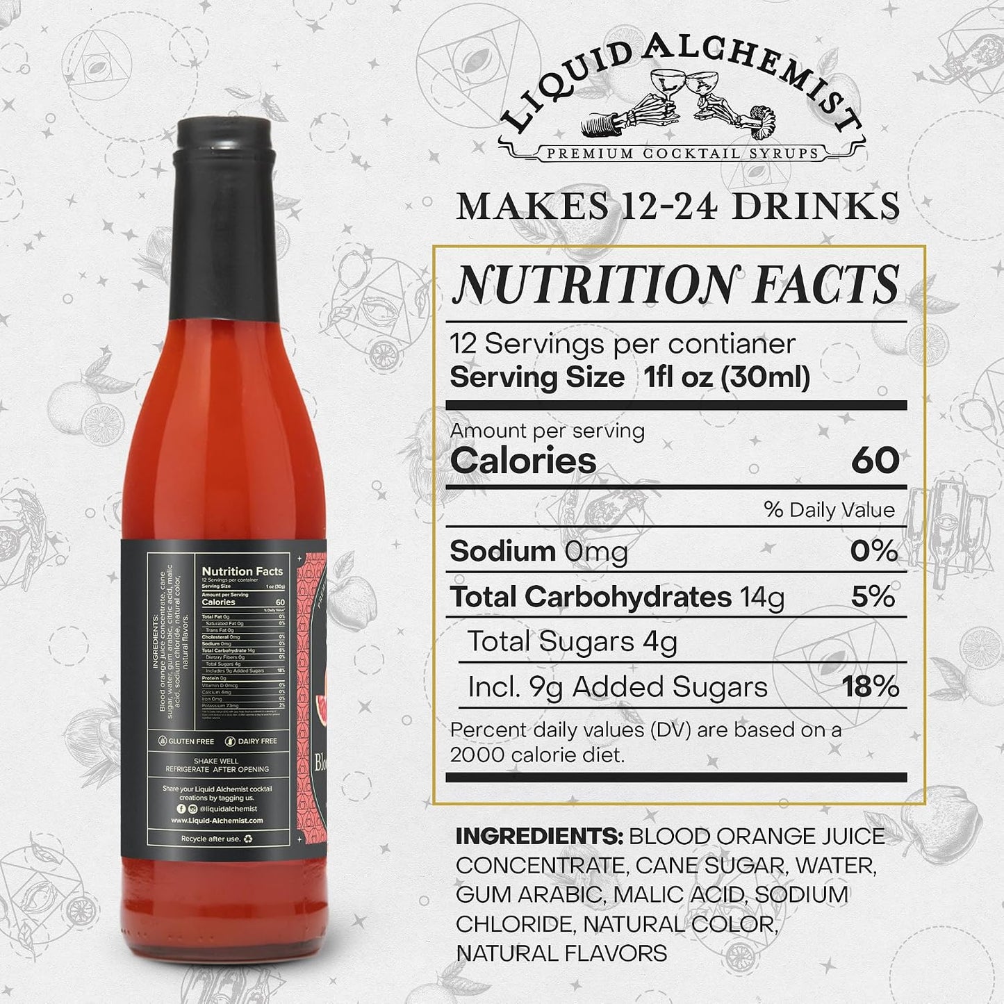 Liquid Alchemist Blood Orange Syrup for Cocktails - Real Ingredients Make our Blood Orange Puree a Perfect Margarita Mixer - Small Batch, Non-GMO, Vegan Drink Mixer | 12.7 Oz, Pack of 1