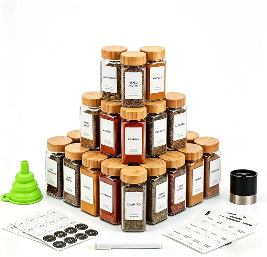 Spice Jars - 24 Pcs, Spice Jars with Labels, Glass Seasoning Jars with Bamboo Lids, Seasoning Containers,Empty Glass Spice Container Set , Seasoning Organizer, Kitchen Set, with Pepper Grinder
