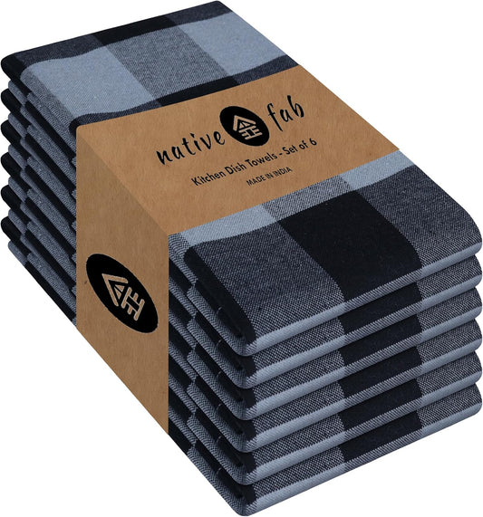 Native Fab 6 Pack Buffalo Check Kitchen Dish Towels, Cotton, Durable, Washable 16"x26" - Tea Towel, Soft Absorbent Cleaning