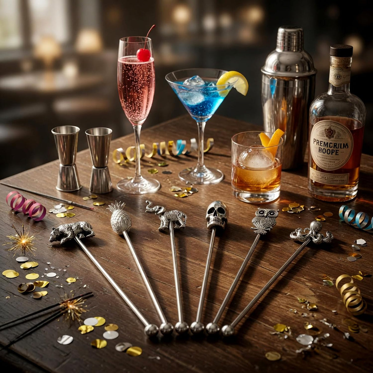 Homestia 6 Pcs 7.5 Inch Metal Stir Sticks, Swizzle Sticks Cocktail Stirrers | Reusable Stainless Steel Coffee Stirrers, Zinc Alloy Animal Head Beverage Drink Stirring Set for Bar Cafe Restaurant Home Use