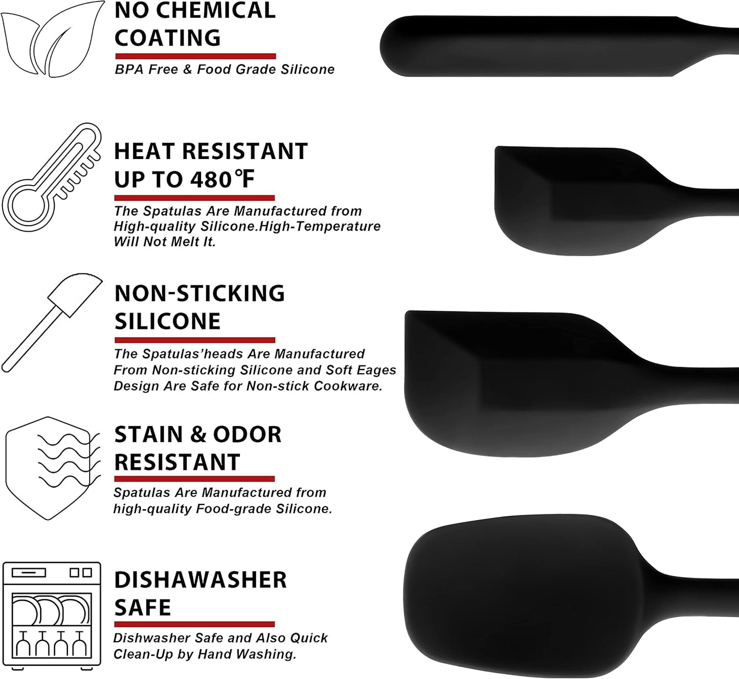 Anaeat 4 Piece Silicone Spatula Set - Seamless One-Pieces Design - Non Stick Rubber Spatulas Kitchen Scraper for Baking, Cooking, Scraping &amp; Mixing, Heat Resistant &amp; BPA Free &amp; Dishwasher Safe (Black)
