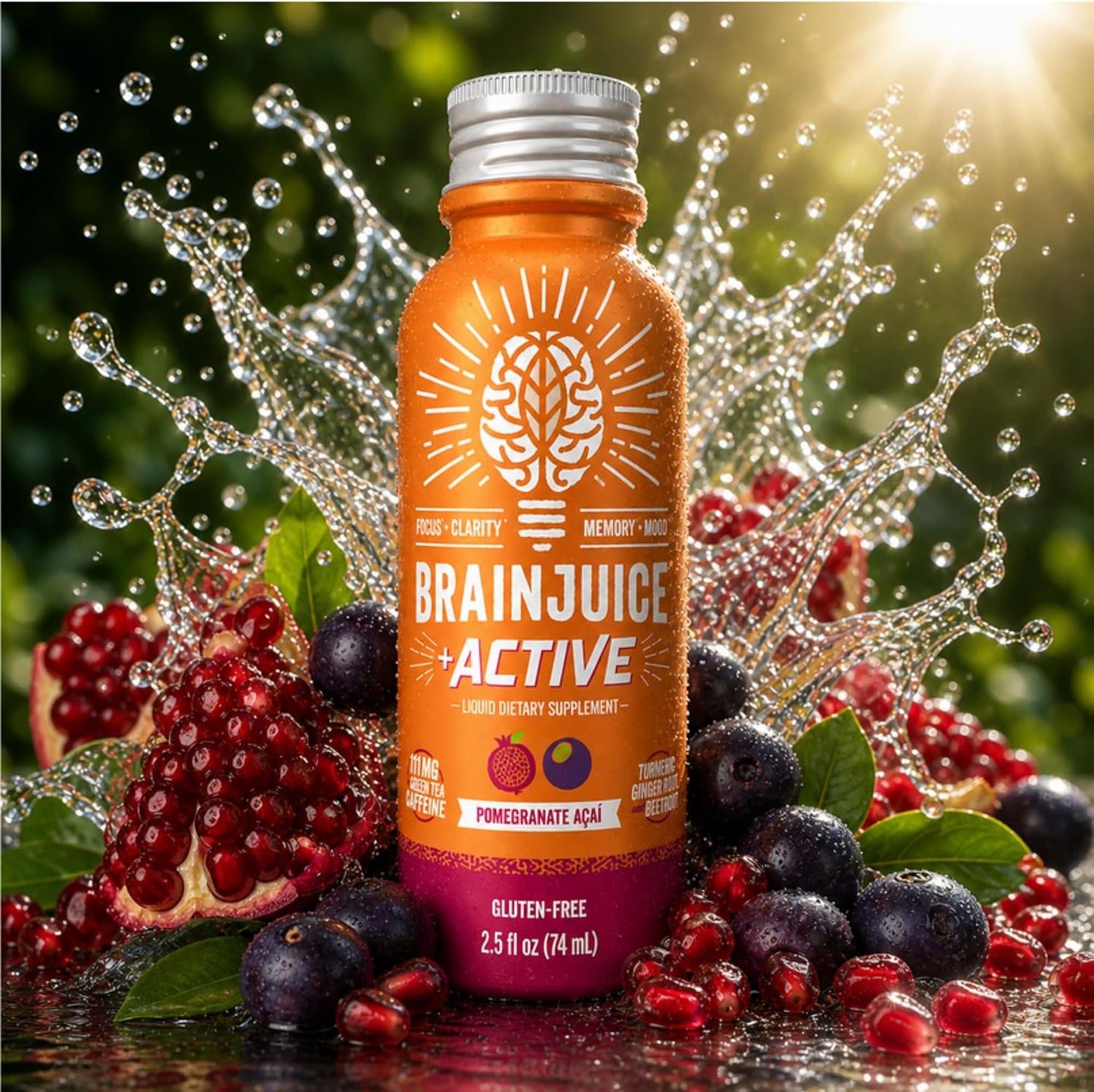 BrainJuice Decaf Active Pomegranate Acai Nootropic Supplement Shot, 2.5 fl oz, 12 Pack