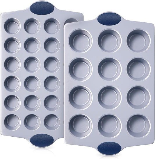 BRONYPRO 2-Pack 12 Cup and Mini 24 Cup Non Toxic Nonstick Ceramic Muffin Pan &amp; Cupcake Tin, PFOA &amp; PTFE Free, Heavy Duty Rust-Resistant Aluminized Steel, Oven Safe, Blue