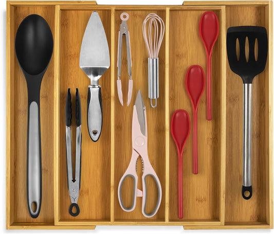 Purawood Kitchen Drawer Organizer - Expandable Utensil Drawer Organizer for Kitchen, Cutlery Tray & Silverware Organizer,