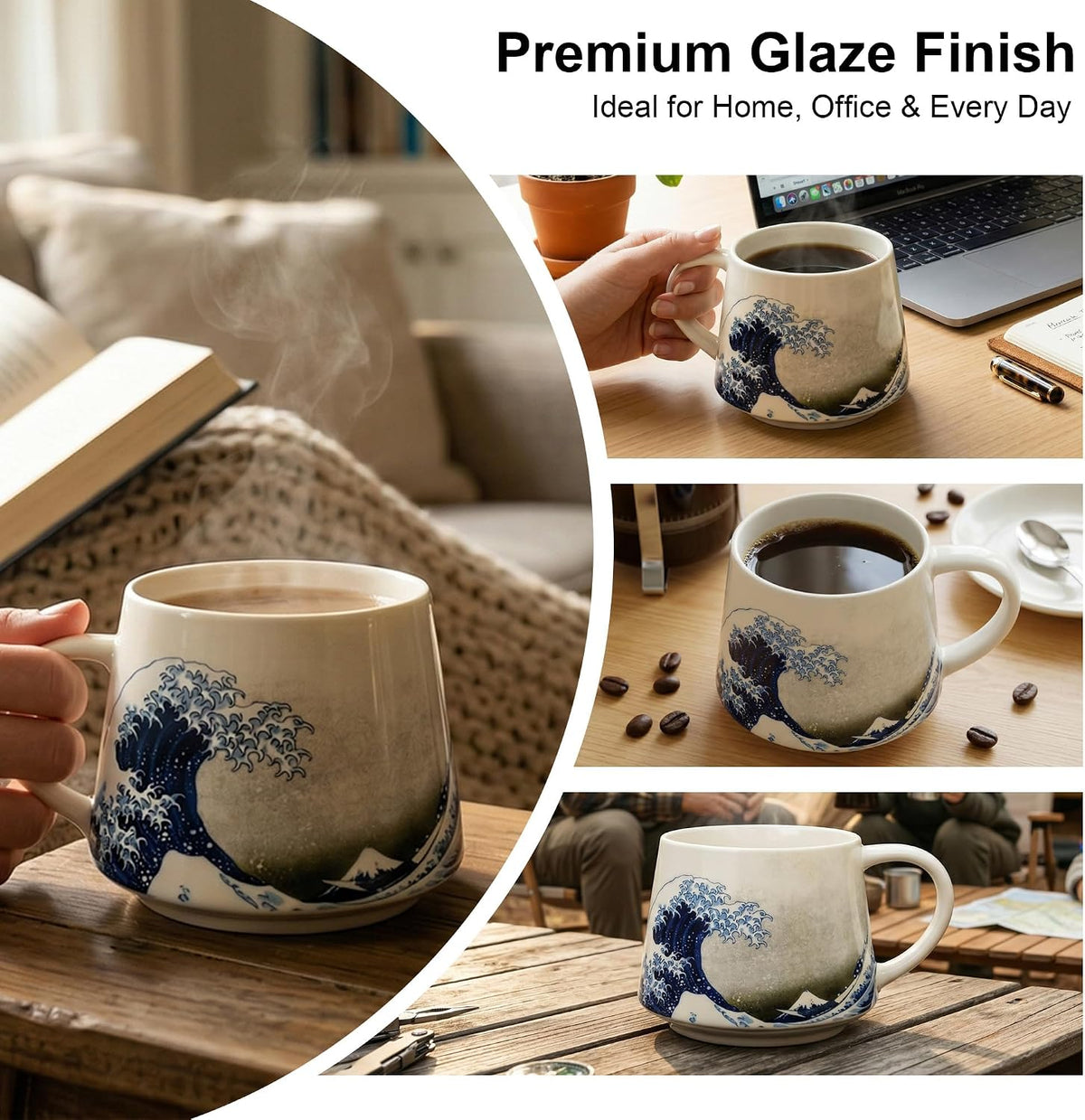 Topadorn 12oz Ceramic Coffee Mug With Handle, Hokusai Great Wave Tea Cup