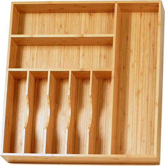 Umilife Large Kitchen Drawer Organizer, 19"x19" Silverware Utensils Organizer, 2.5" High for Large Deep Drawers, Bamboo