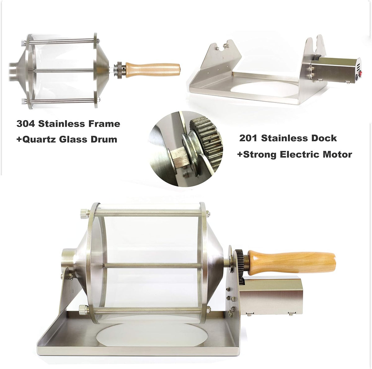 Coffee Roaster Gas Burner Coffee Roasting Machine for Home Use, 400g Capacity, Quartz Glass Drum, Stainless Steel Frame, Peanut and Nut Roaster