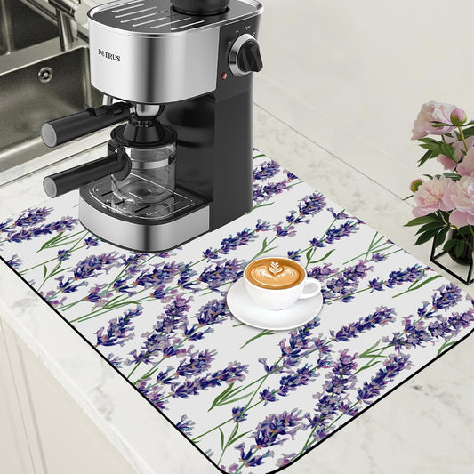 Dish Drying Mat Lavender Flowers Coffee Bar Mat for Countertop Absorbent Rubber Backed Hide Stain Dish Drainer Rack Pad