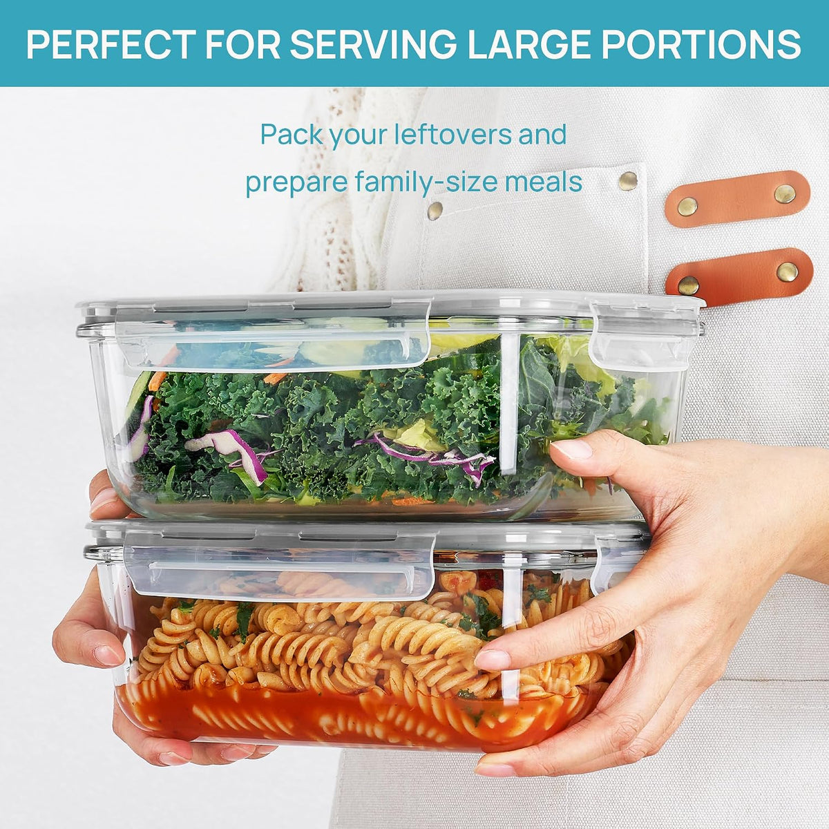 Vtopmart 2Pack 1860ml/ 63oz Large Glass Storage Containers with Lids, Meal Prep Food Container Set with Snap Airtight Lid for Baking, Microwave, Oven, Leak Proof, for Freezer, Dishwasher, Grey